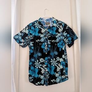 Modern Amusement Blue Floral Hawaiian Blacklight Button Up